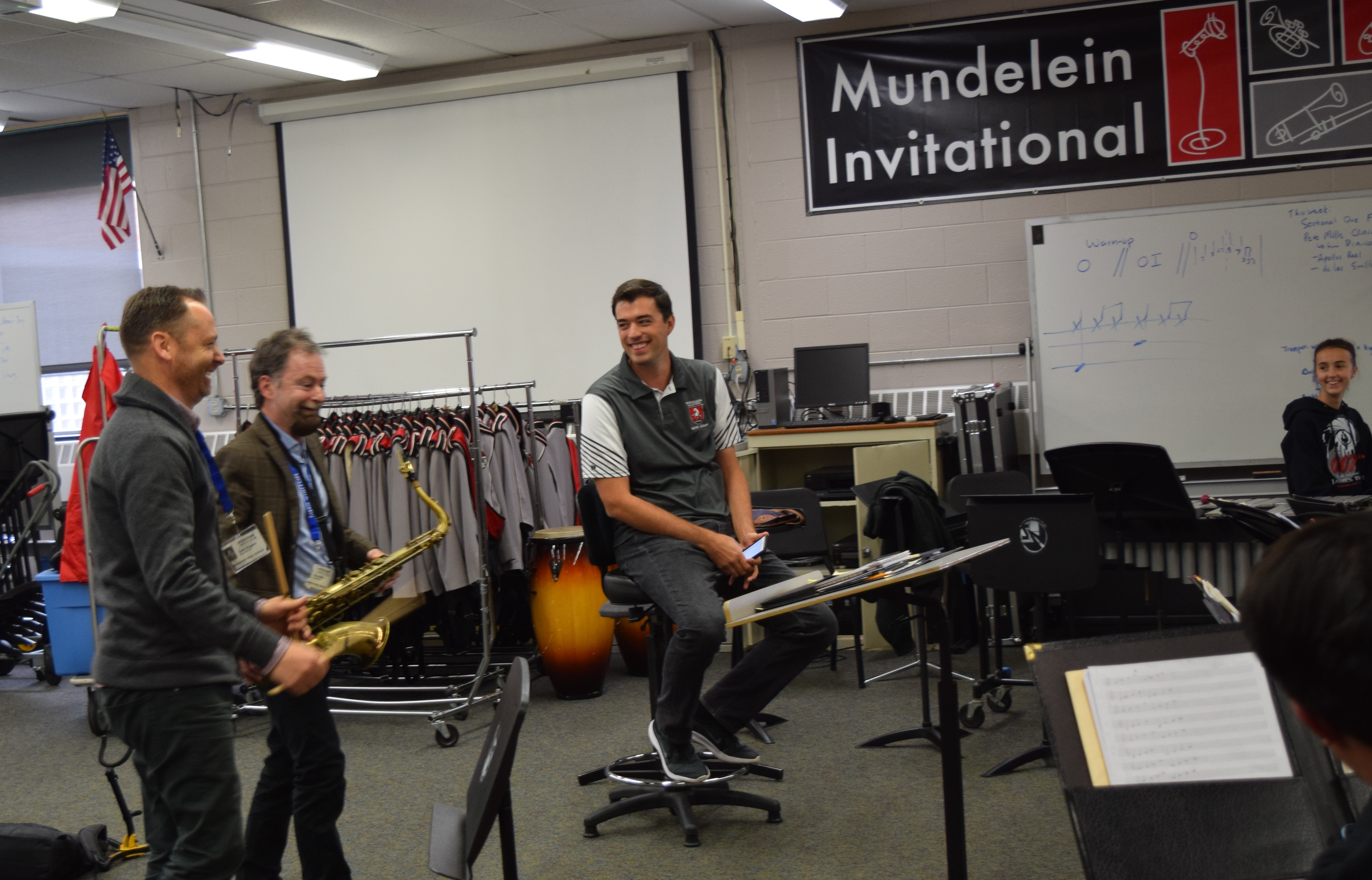 MHS band director with the two guest musicians